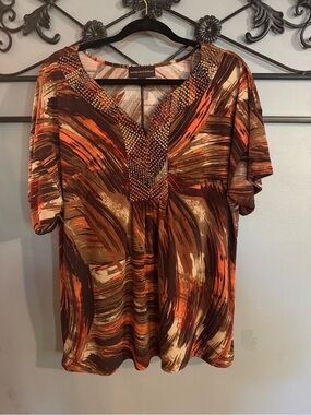 Dana Buchman Brown & Orange V-Neck Beaded Blouse